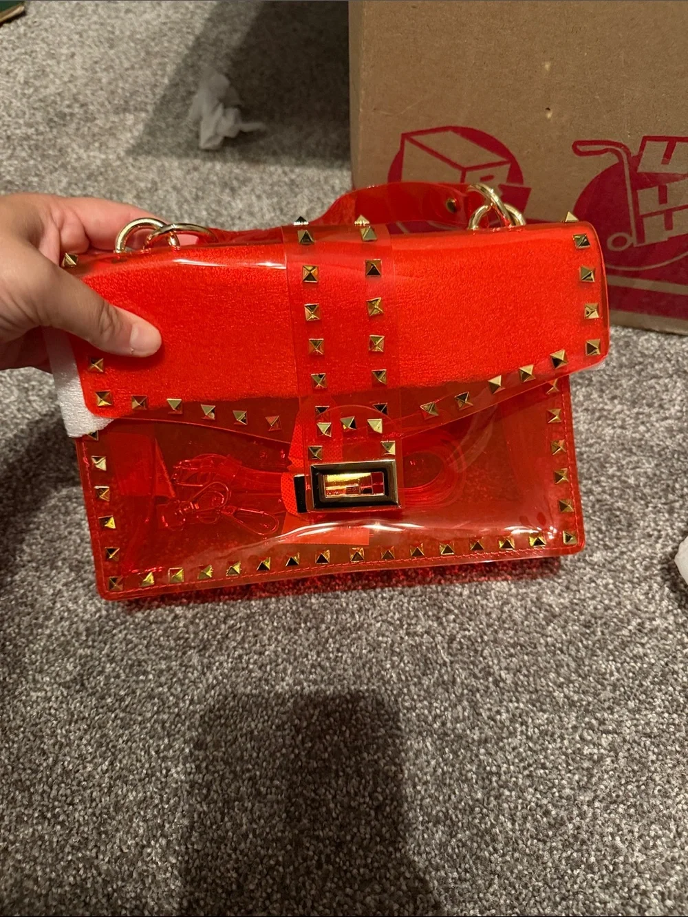 Red Clear Satchel with Gold Stud Accents